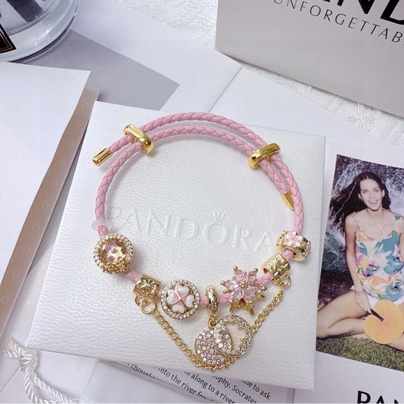 Pandora Pink Leather Bracelet with Gold Charms - Picture 4 of 6